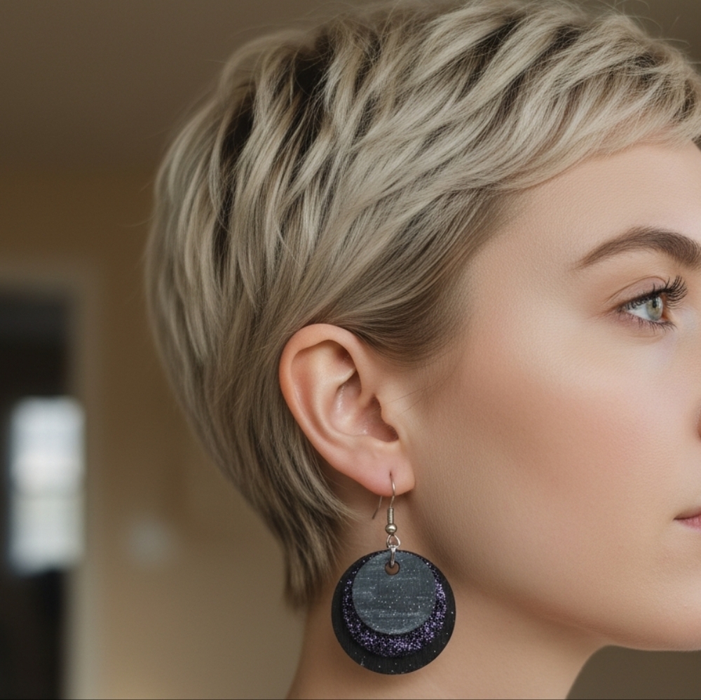 ARTISAN & HANDCRAFTED 1" Wood Circle Layered Dangle Pierced Earrings HANDPAINTED